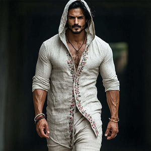 Herren Retro Casual Leinen Besticktes Langarmhemd mit Kapuze