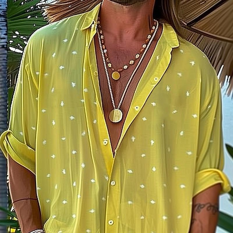 Men's Dot Print Chiffon Lapel Long Sleeve Casual Shirt