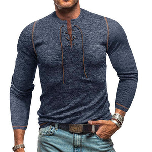 Men's Crew Neck Tie Long Sleeve Outdoor Henley T-Shirt