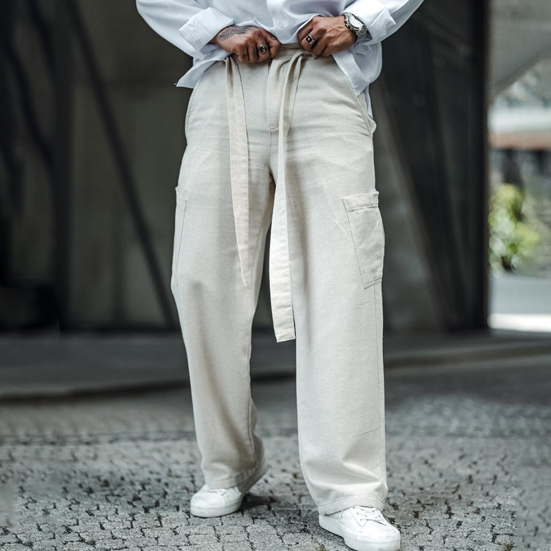 Herrenhose aus Baumwolle und Leinen mit mittlerer Taille und gerader Passform