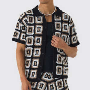 Herren Frühling und Sommer Mode Casual Hollow Gestrickt Kurzarm T-Shirt Shorts Set