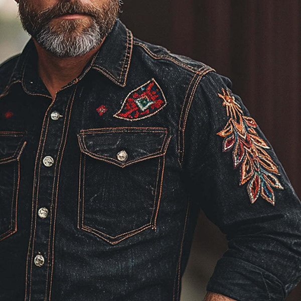 Men's Vintage Embroidered Long Sleeve Denim Shirt