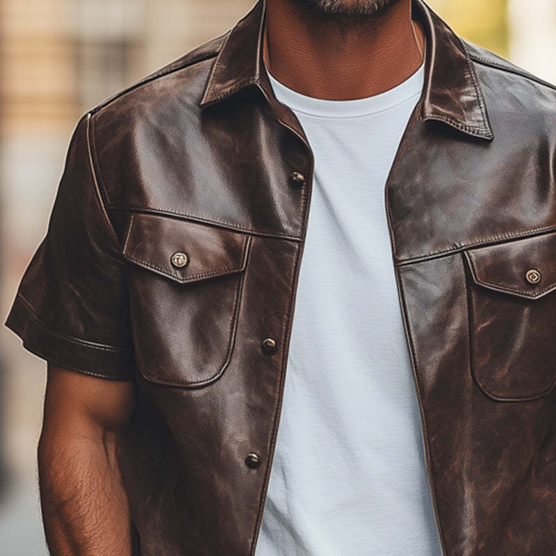 Herren Sommer Vintage Braunes Leder Kurzarmhemd