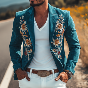 Klassischer Retro-Blazer für Herren im Western-Stil mit besticktem Wildleder und schmaler Passform