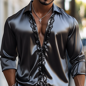 Men's Fashion Casual Lace And Satin Stitching Long Sleeve Shirt