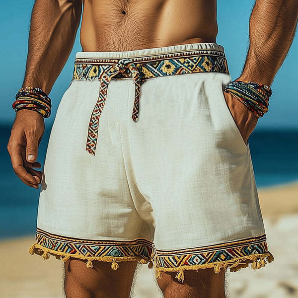 Men's Summer Retro Embroidered Cotton And Linen Shorts