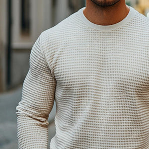 Herren Retro Casual Solid Color Waffel Rundhals Langarm T-Shirt