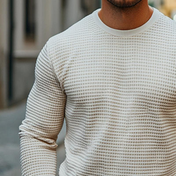 Herren Retro Casual Solid Color Waffel Rundhals Langarm T-Shirt