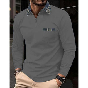 Men's Plaid Printed Stitching Zipper Lapel Pocket Long Sleeve Polo Shirt