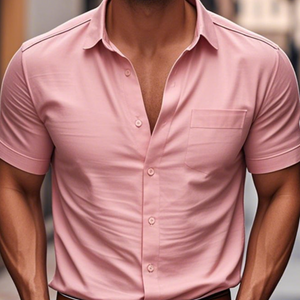 Men's Casual Cotton Lapel Patch Pocket Single Breasted Slim Fit Short Sleeve Shirt