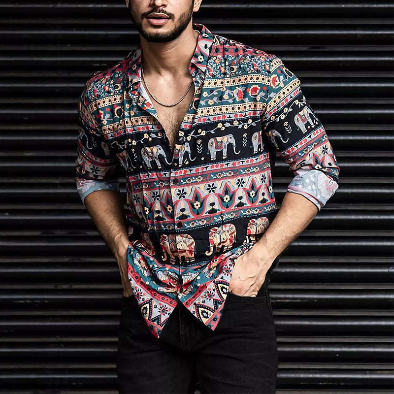 Lässiges Langarmhemd mit Retro-Farbblock-Print für Herren