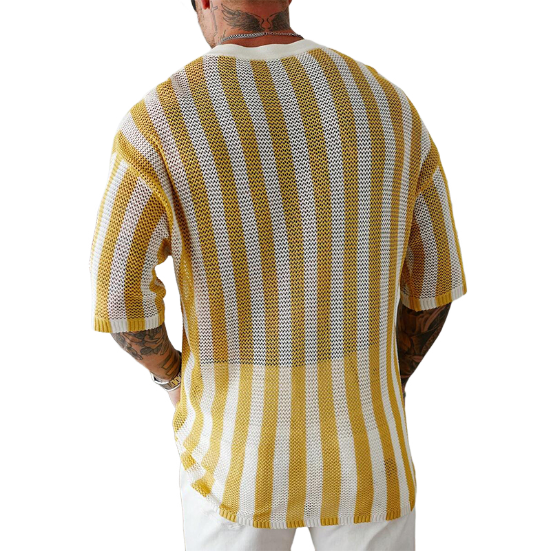 Men's Striped Monogram Jacquard Short-Sleeved Knitted T-Shirt