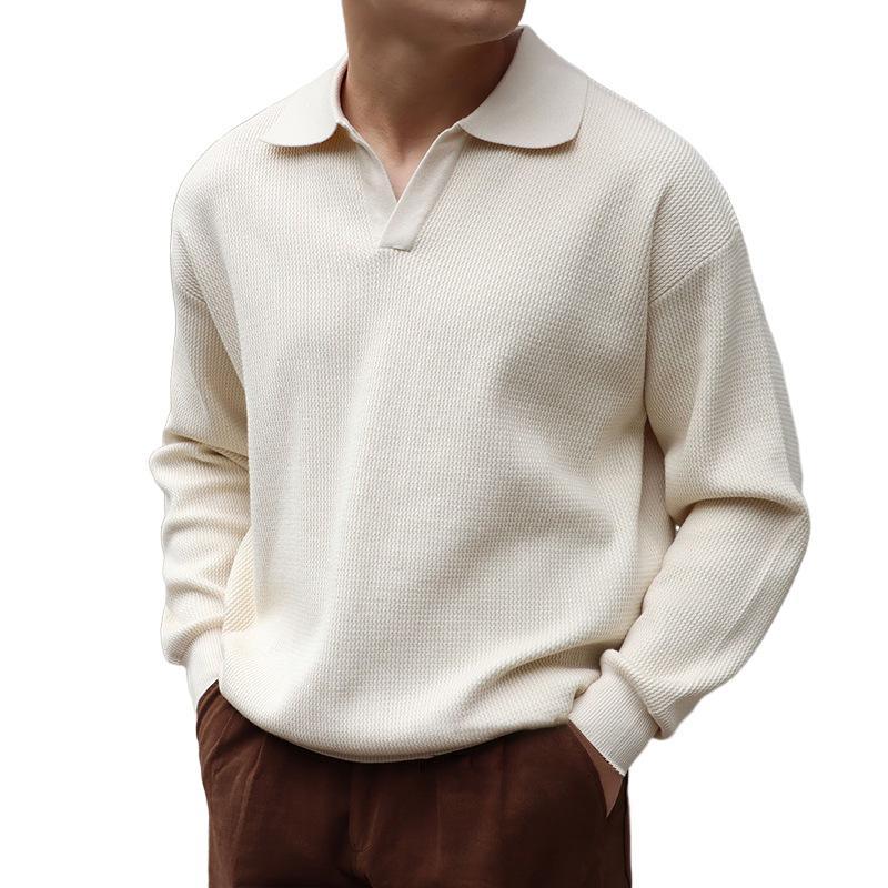 Einfarbiges, langärmliges Strick-Poloshirt mit Revers für Herren