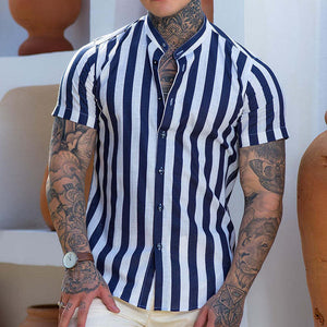 Herren-Kurzarmhemd aus Leinen mit Retro-Streifenmuster und Stehkragen