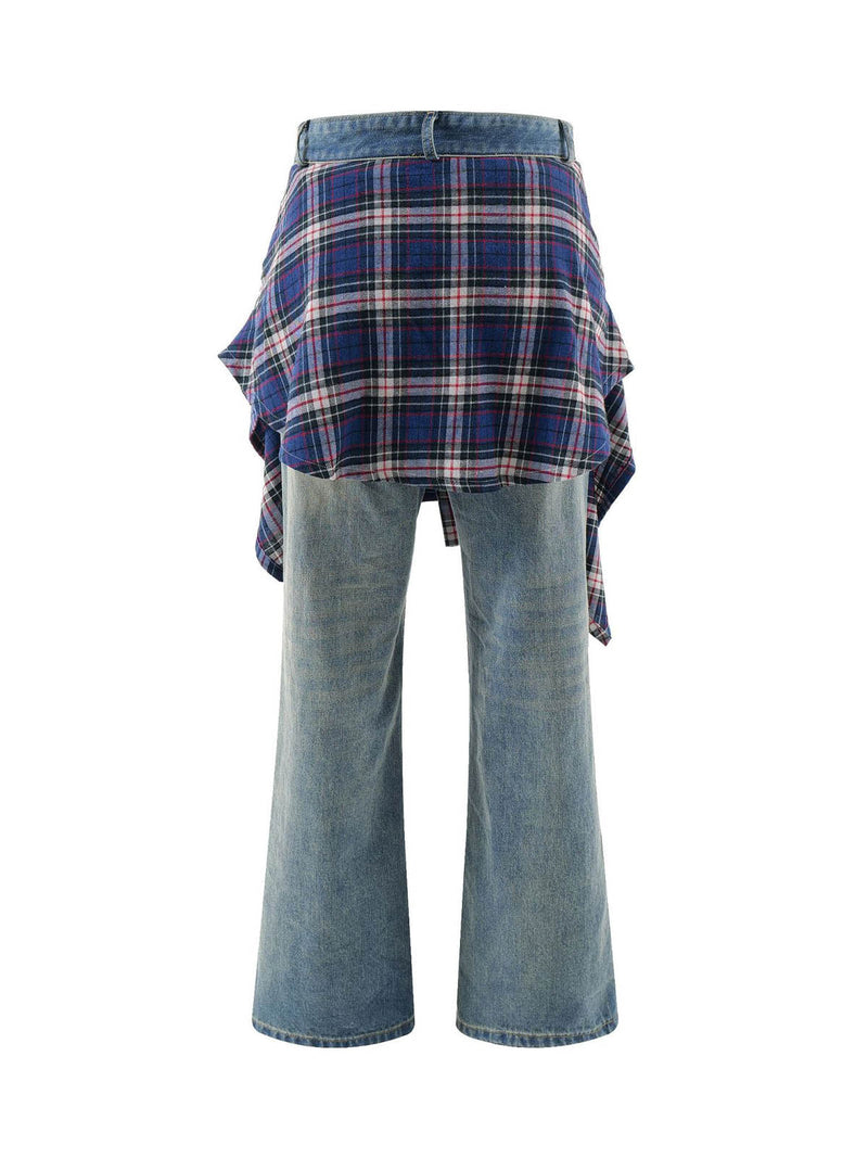 Faux Two-piece Plaid Straight Jeans