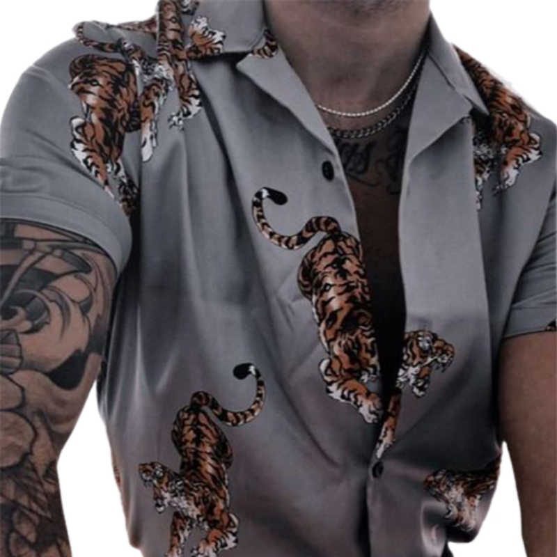 Herren Frühling und Sommer Mode Lässig Bedrucktes Tiger Baumwolle Kurzarmhemd