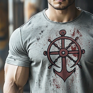 Herren-T-Shirt mit Retro-Nautical-Anchor-Print, lässig, Rundhalsausschnitt, kurzärmelig