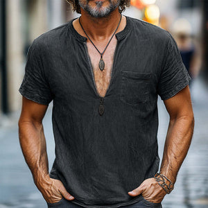 Men's Spring Distressed Half-Zip Casual Skin-Friendly T-Shirt