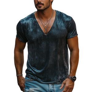 Men's Spring And Summer Fashion Leisure Silk Cotton Deep V Neck T-shirt