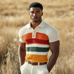Men's Casual Lapel Color Striped Soft Knitted Short Sleeve Polo Shirt