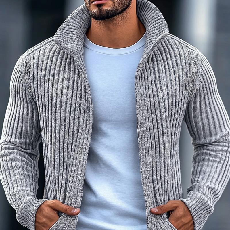 Modische Strickjacke mit Stehkragen und Streifen für Herren, langärmelig