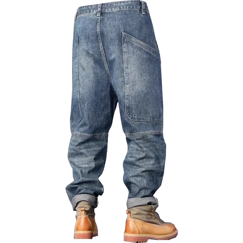 Men's Drawstring Distressed Washed Cargo Pocket Jeans