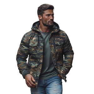 Men's Casual Outdoor Camouflage Hooded Multi-Pocket Single-Breasted Jacket