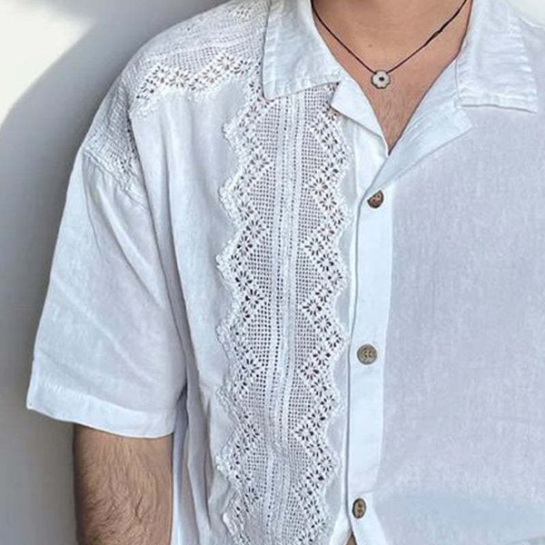 Men's Solid Color Lace Spliced Lapel Long Sleeve Shirt