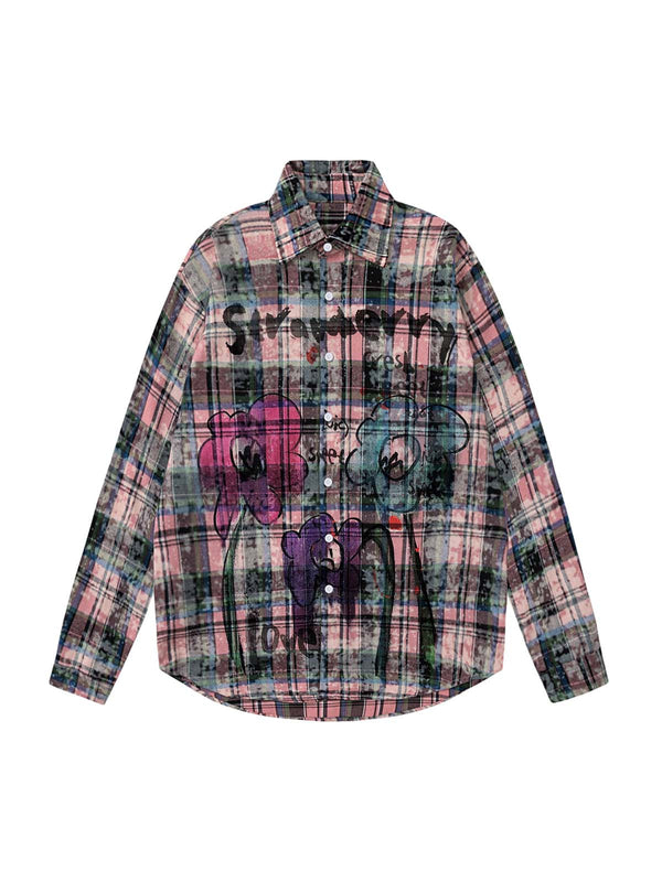 Floral Graffiti Plaid Long Sleeve Shirt