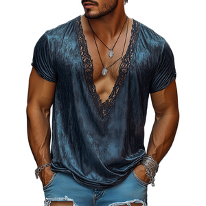 Men's Fashion Retro Sexy Lace Stitching Satin Printed Deep V Neck T-Shirt