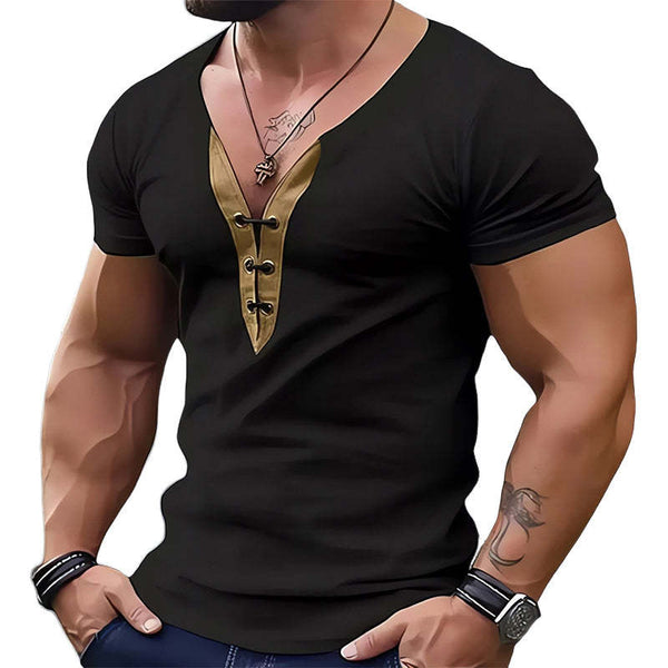 Men's Leather Collar Patchwork V-Neck Slim Fit Short Sleeve T-Shirt