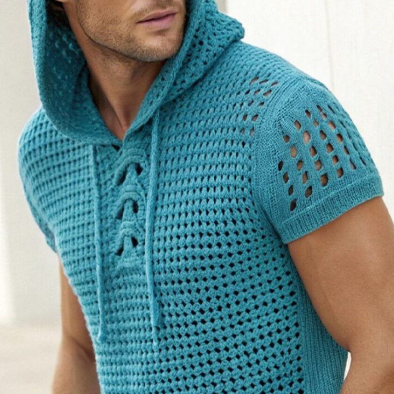 Men's Summer Fashion Casual Hooded Hollow Knitted Short Sleeve T-shirt