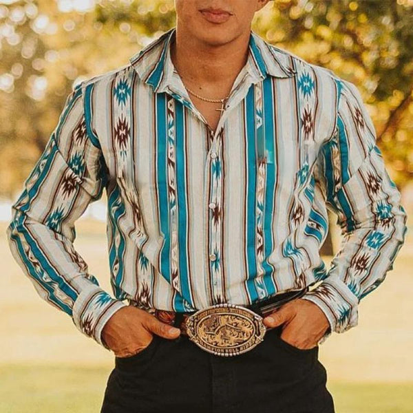 Herren-Langarmhemd mit Western-Cowboy-Streifenmuster und Aufdruck
