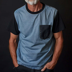 Men's Thin Denim Ptachwork Round Neck Short Sleeve T-Shirt