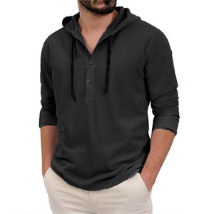 Men's Casual Solid Button Hooded Long Sleeve Shirt