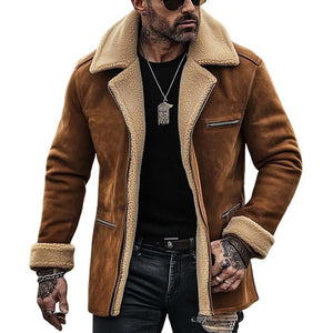 Men's Fleece Suede Lapel Suede Single Breasted Multi-pocket Coat