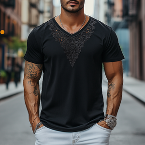 Men's Fashion Casual Lace V-neck Cotton Short-sleeved T-shirt