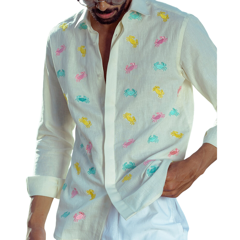 Herren-Langarmhemd mit lustigem Krabbenmuster und Stickerei 