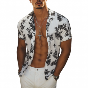 Men's Casual Printed Lapel Loose Short-sleeved Shirt