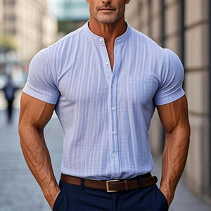 Einfarbiges, lässiges Kurzarmhemd mit Stehkragen für Herren