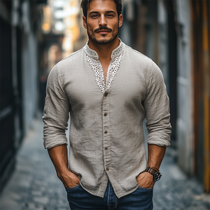 Men's Spring Fashion Stand Collar Lace Splicing Cotton And Linen Long Sleeve Shirt