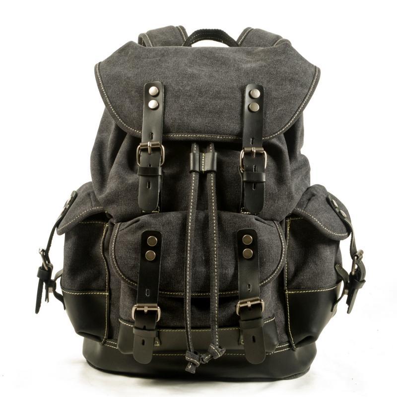 Men's Vintage Outdoor Canvas Stitching Leather Multi-Pocket Backpack