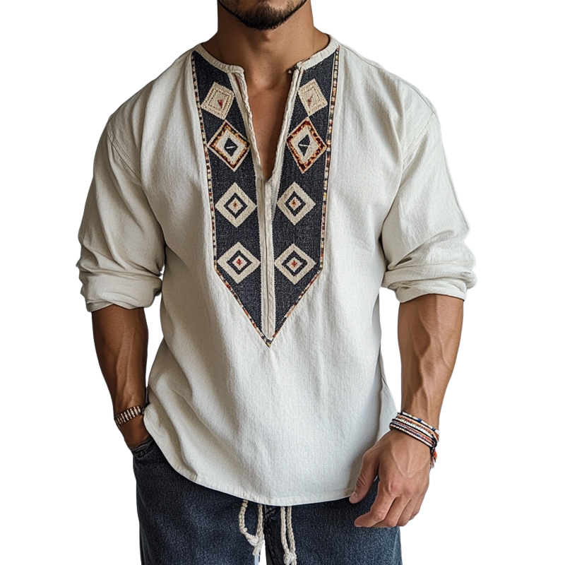 Herren-Langarmhemd mit Rundhalsausschnitt und Retro-Bohemian-Print