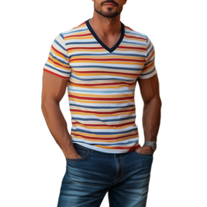 Men's Classic Casual Contrast Striped Patchwork Cotton Slim Fit T-shirt