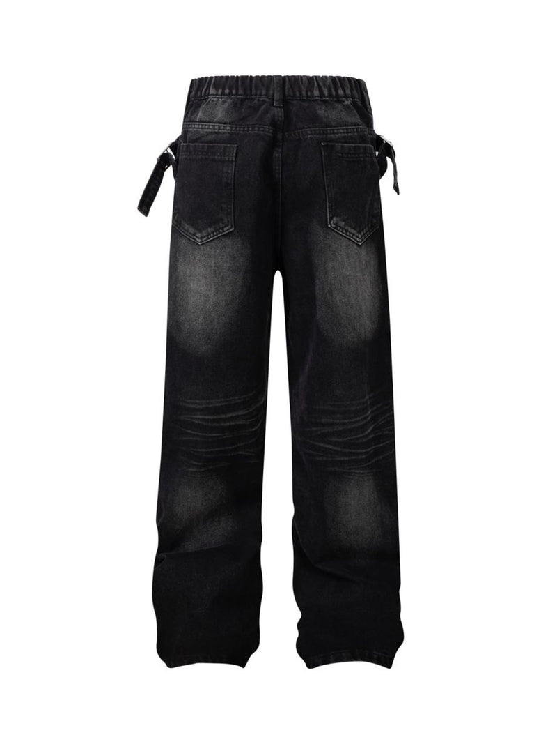 Washed Distressed Waistband Straight Jeans