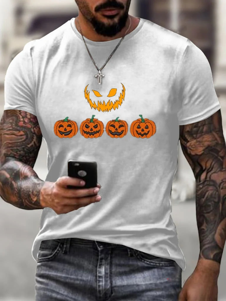 Men's Halloween Pumpkin Print Crew Neck Cotton T-Shirt