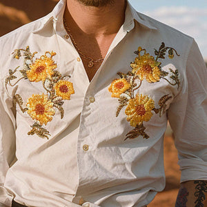 Men's Casual Floral Embroidery Print Long Sleeve Shirt