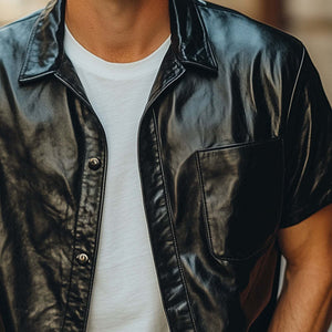 Men's Summer Loose Black Leather Short Sleeve Shirt