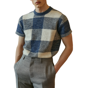 Men's Casual Plaid Round Neck Slim Fit Knitted Short Sleeve Sweater T-Shirt
