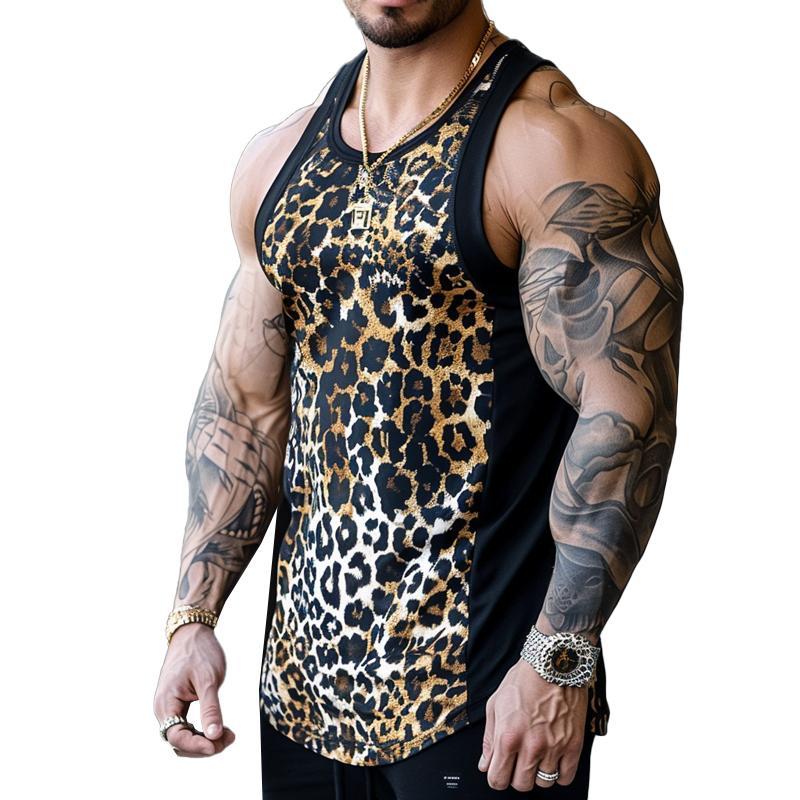 Men's Casual Round Neck Leopard Print Patchwork Tank Top